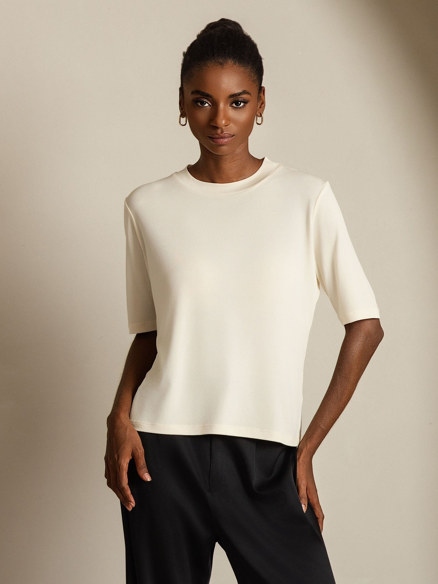 [Beige] SilkSilky-IT Seta pura Womens T-Shirt 006