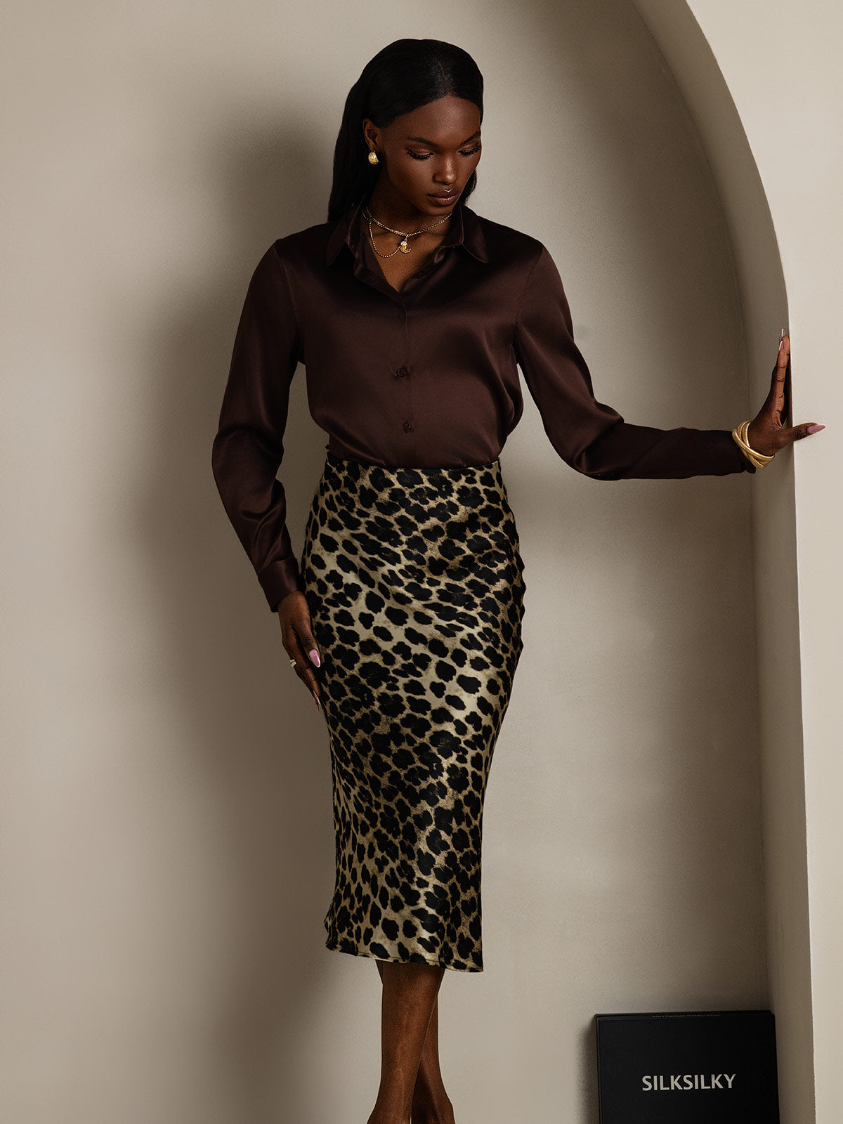 [Cioccolato Fondente] SilkSilky-IT Manica lunga Colletto risvolto Camicie da donna 006