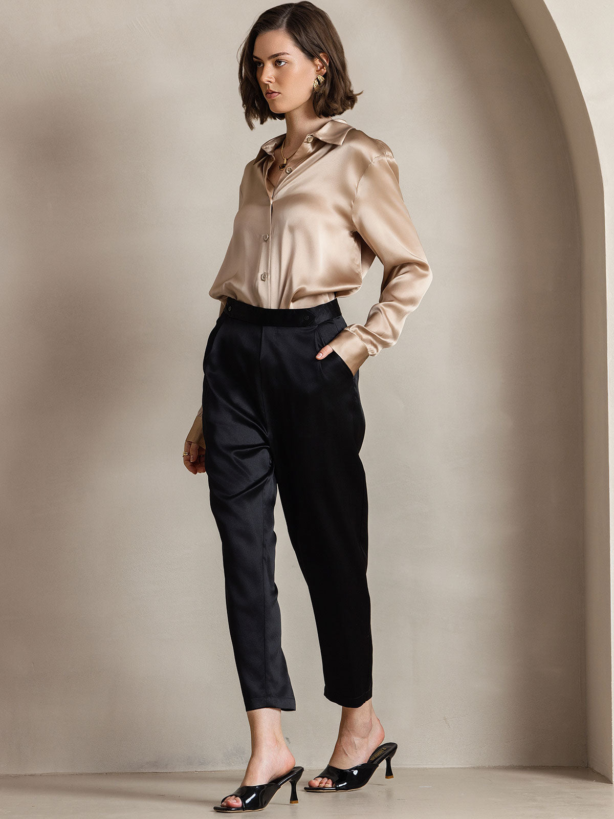 [Champagne] SilkSilky-IT Seta Colletto risvolto Camicie da donna 008