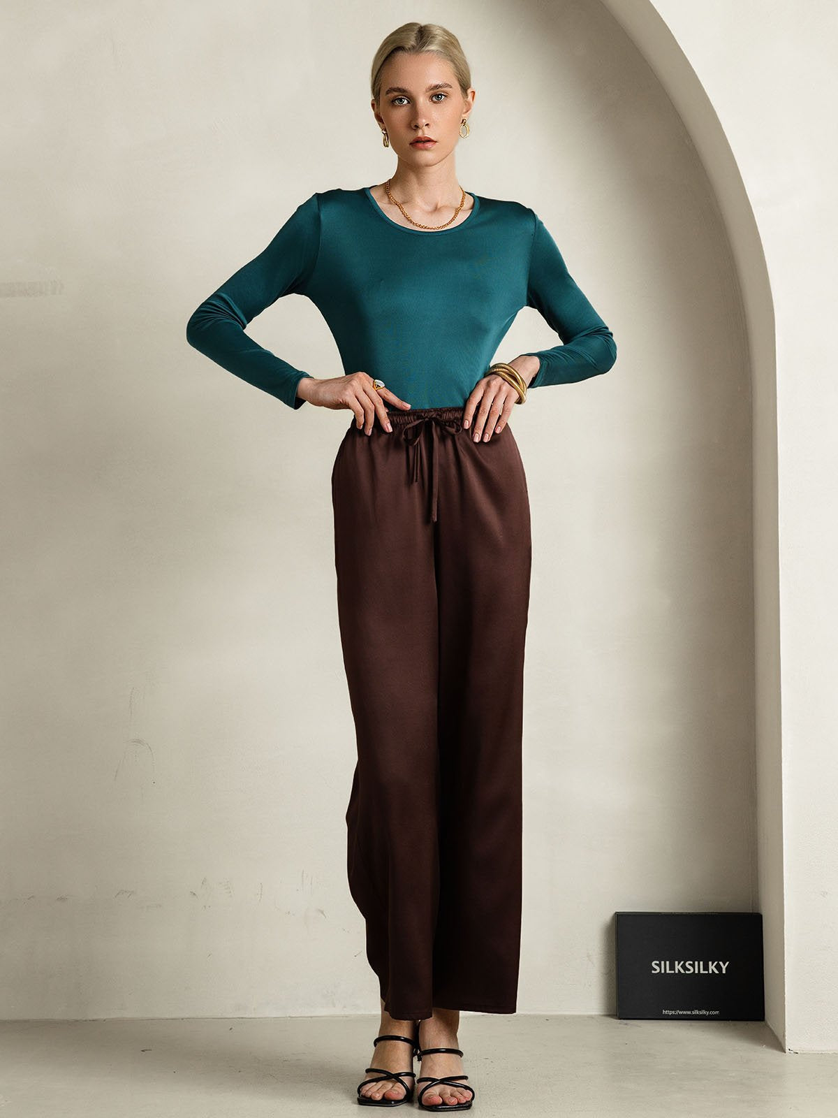 [Verde Posy] SilkSilky-IT Manica lunga Scollo rotondo Magliette donna 007