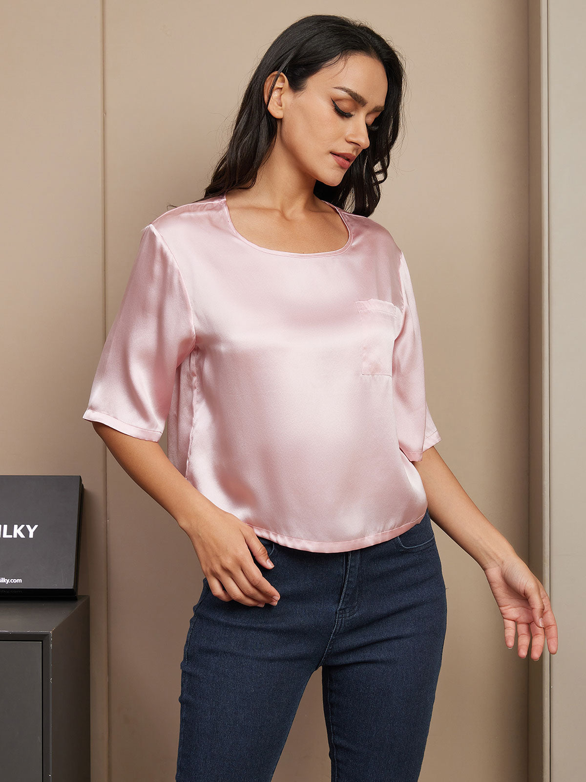 SilkSilky IT Seta pura A metà Scollatura a barca Magliette donna Rosa 003