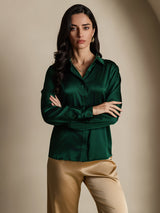 [Verde Scuro] SilkSilky-IT 19Momme Manica lunga Colletto con Revers Camicie da donna 005