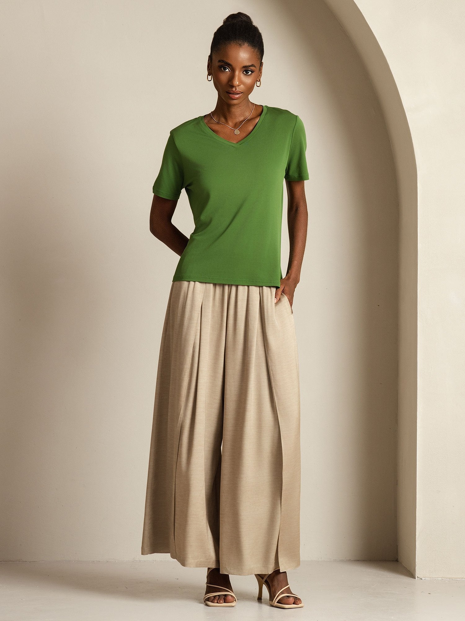 [Verde] SilkSilky-IT Seta pura Womens T-Shirt 009