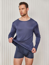 [Blu Scuro] SilkSilky-IT Long Sleeve Round Neck Maglietta da uomo 004