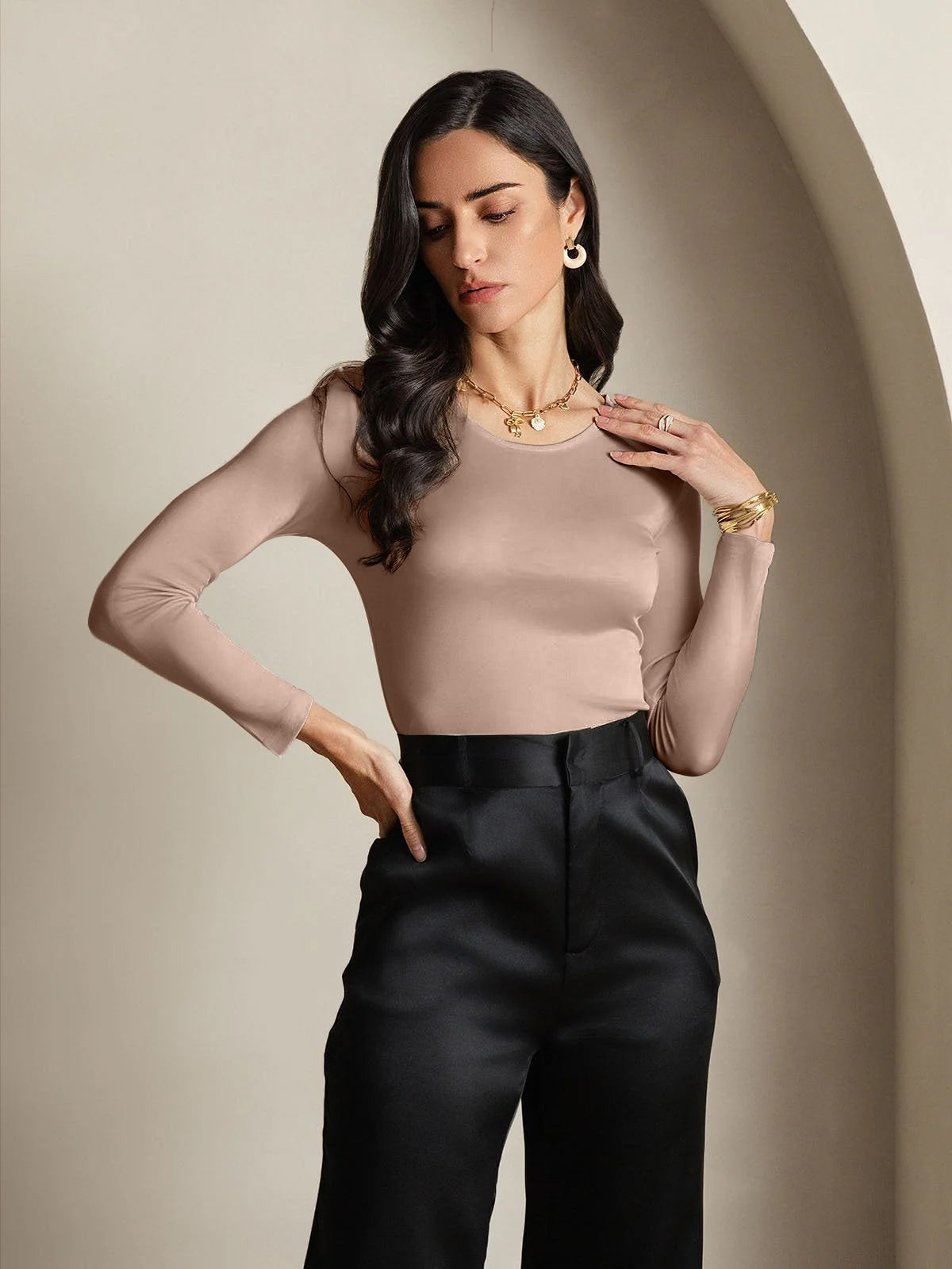 [Caffè] SilkSilky-IT Manica lunga Scollo rotondo Magliette donna 003