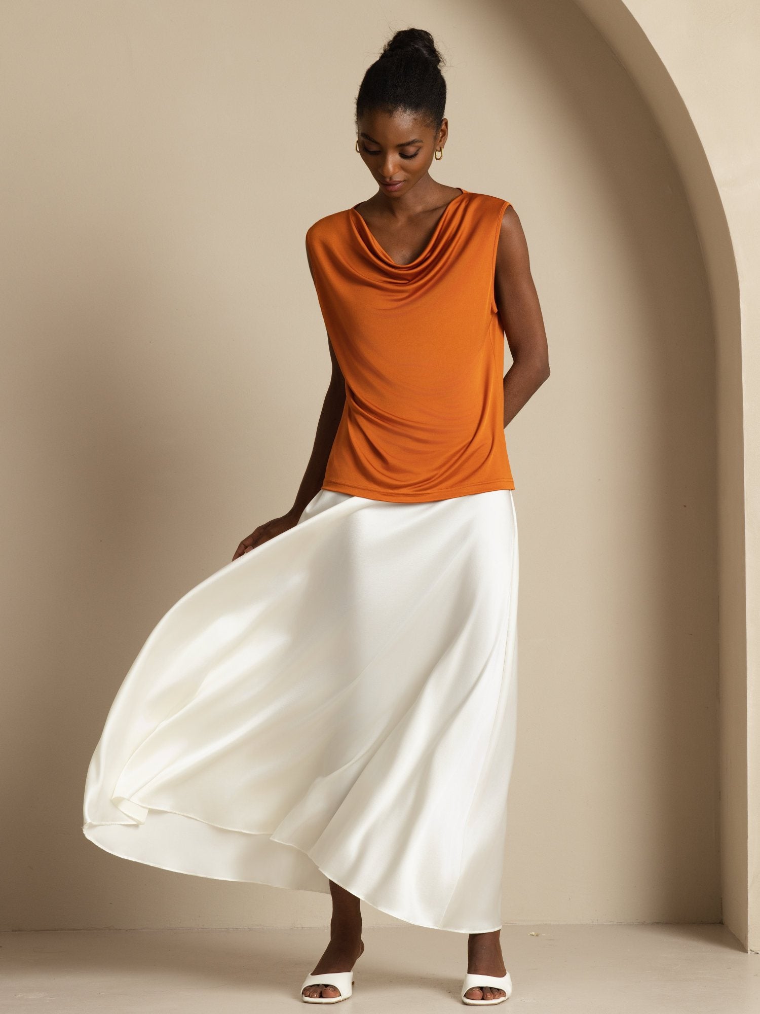 [Arancia] SilkSilky-IT Senza maniche Collo drappeggiato Magliette donna 004