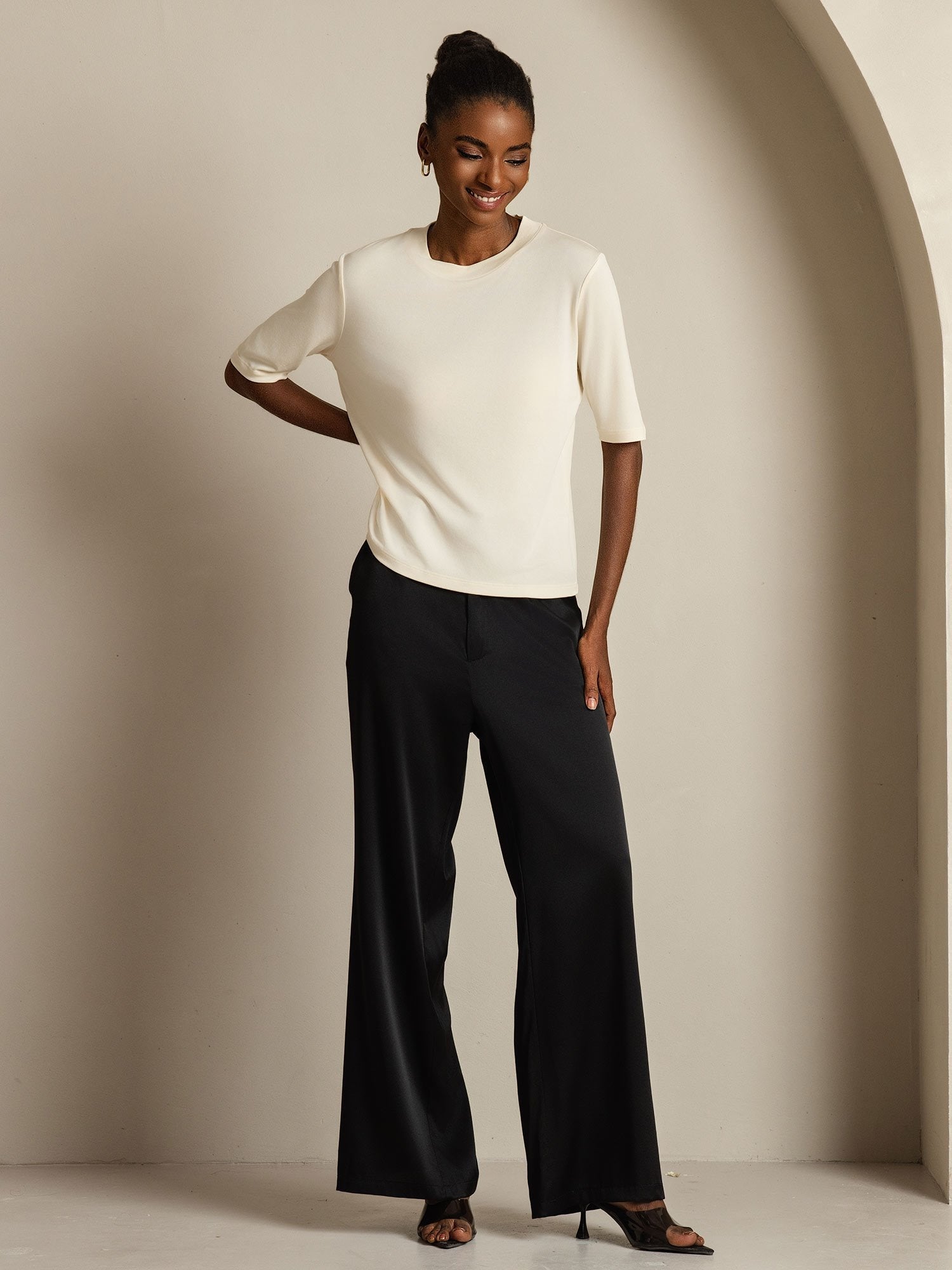 [Beige] SilkSilky-IT Seta pura Womens T-Shirt 007