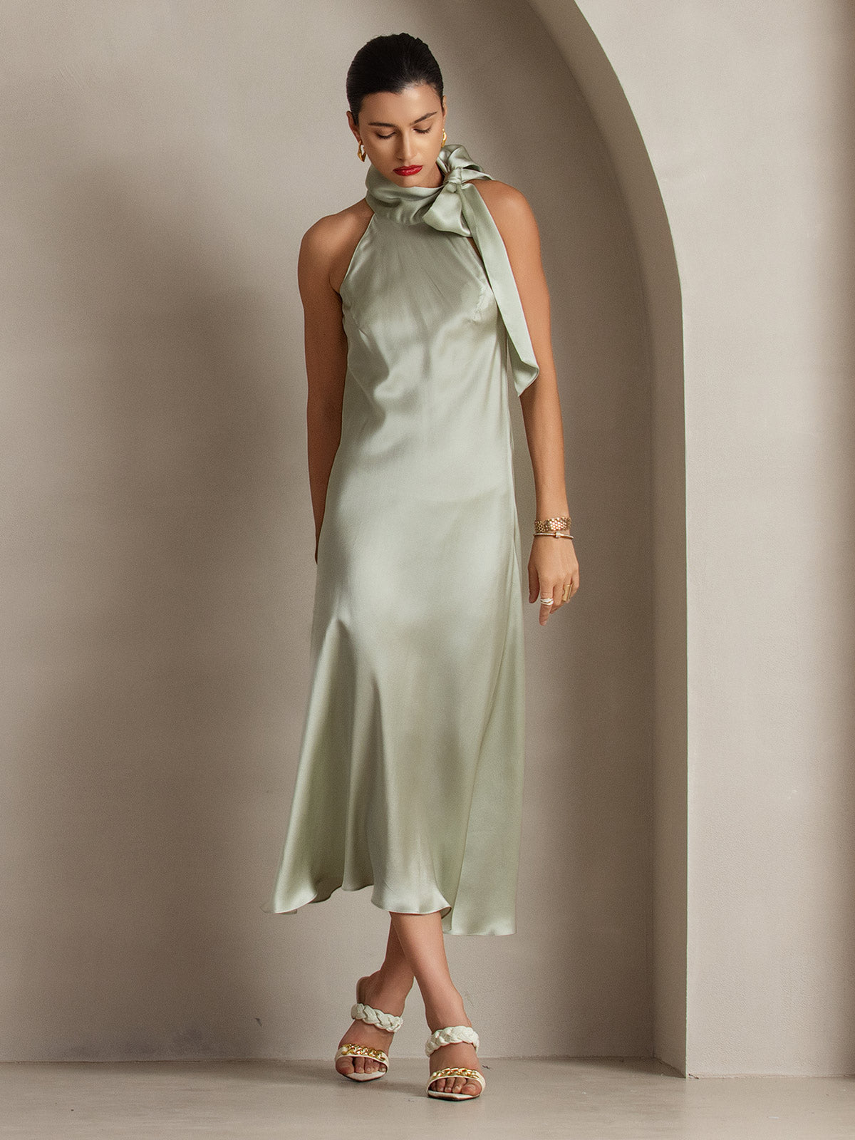 [Verde Chiaro] SilkSilky-IT 19Momme Seta Senza maniche Dress 007