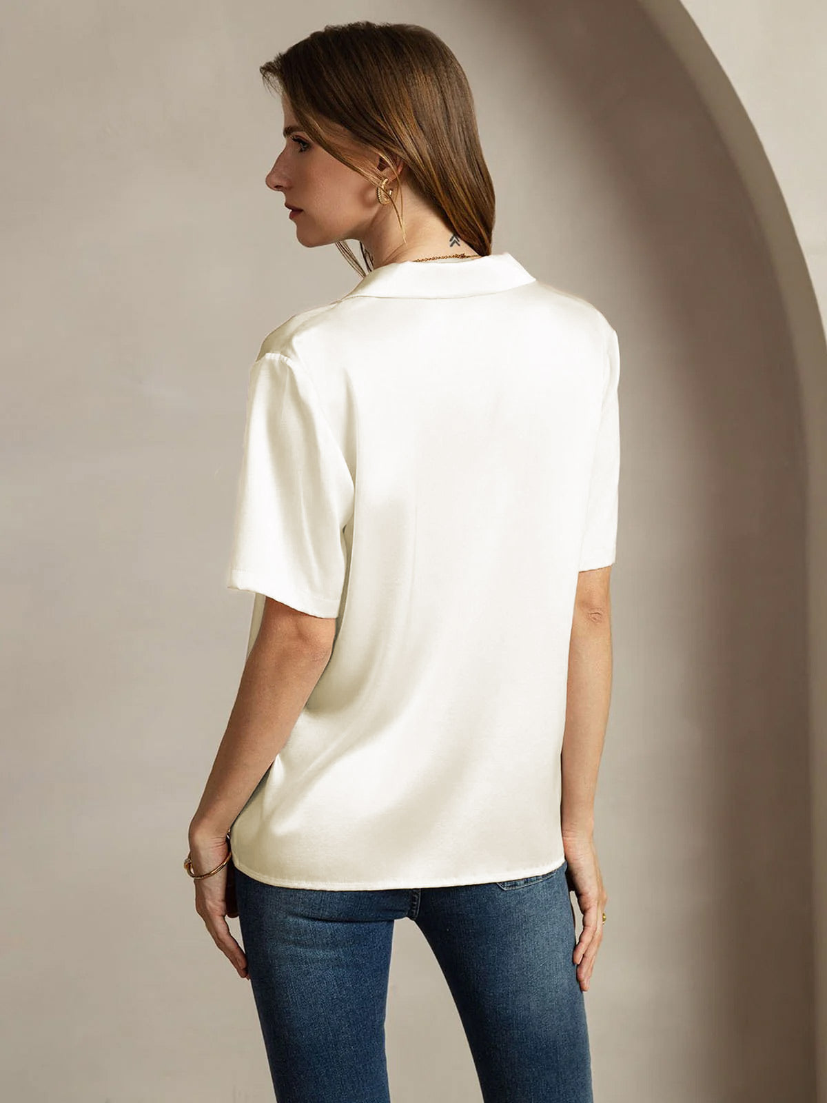 [Avorio] SilkSilky-IT 19Momme Seta Scollo a V dentellato Camicie da donna 002