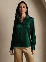 [Verde Scuro] SilkSilky-IT 19Momme Manica lunga Colletto con Revers Camicie da donna 004