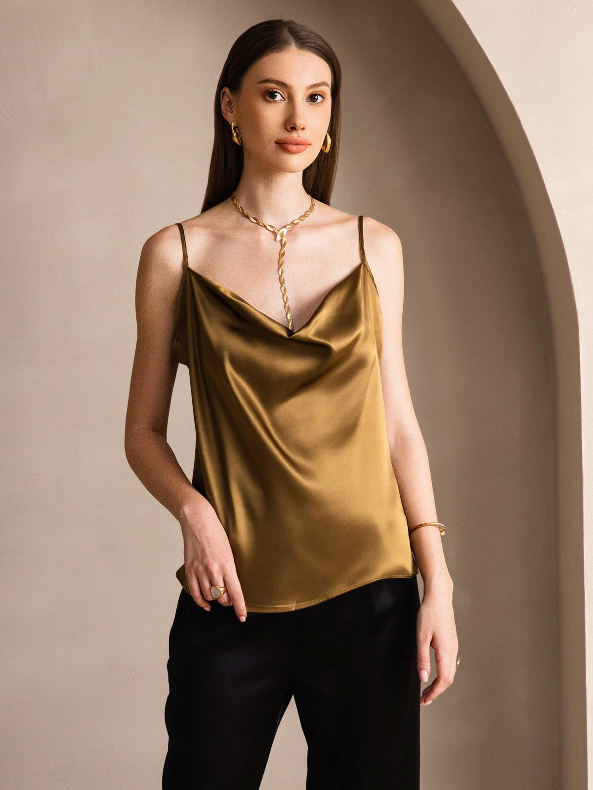[Marrone] SilkSilky-IT 19Momme Seta Collo drappeggiato Cami 001