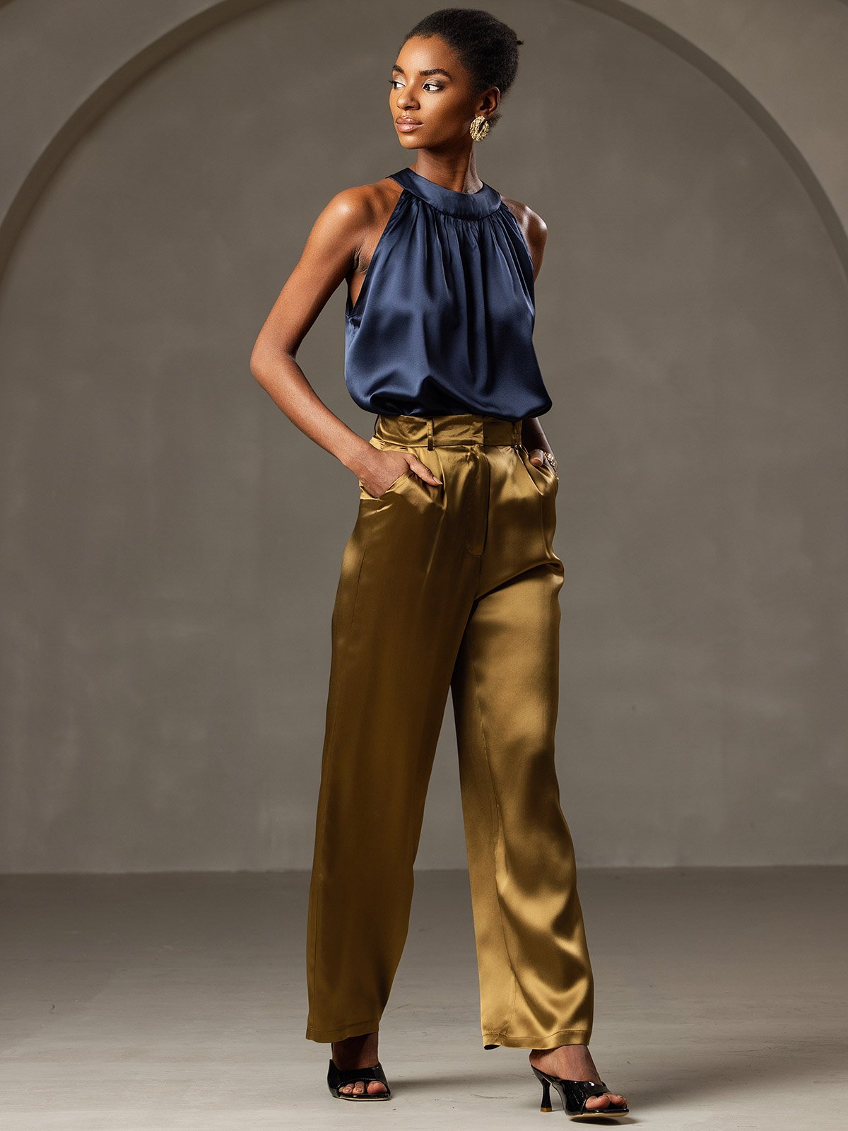 [Blu Scuro] SilkSilky-IT 19Momme Seta Senza maniche Womens T-Shirt 006