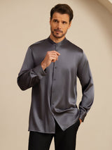 [Grigio Scuro] SilkSilky-IT Long Sleeve Stand Collar Camicia da uomo 004