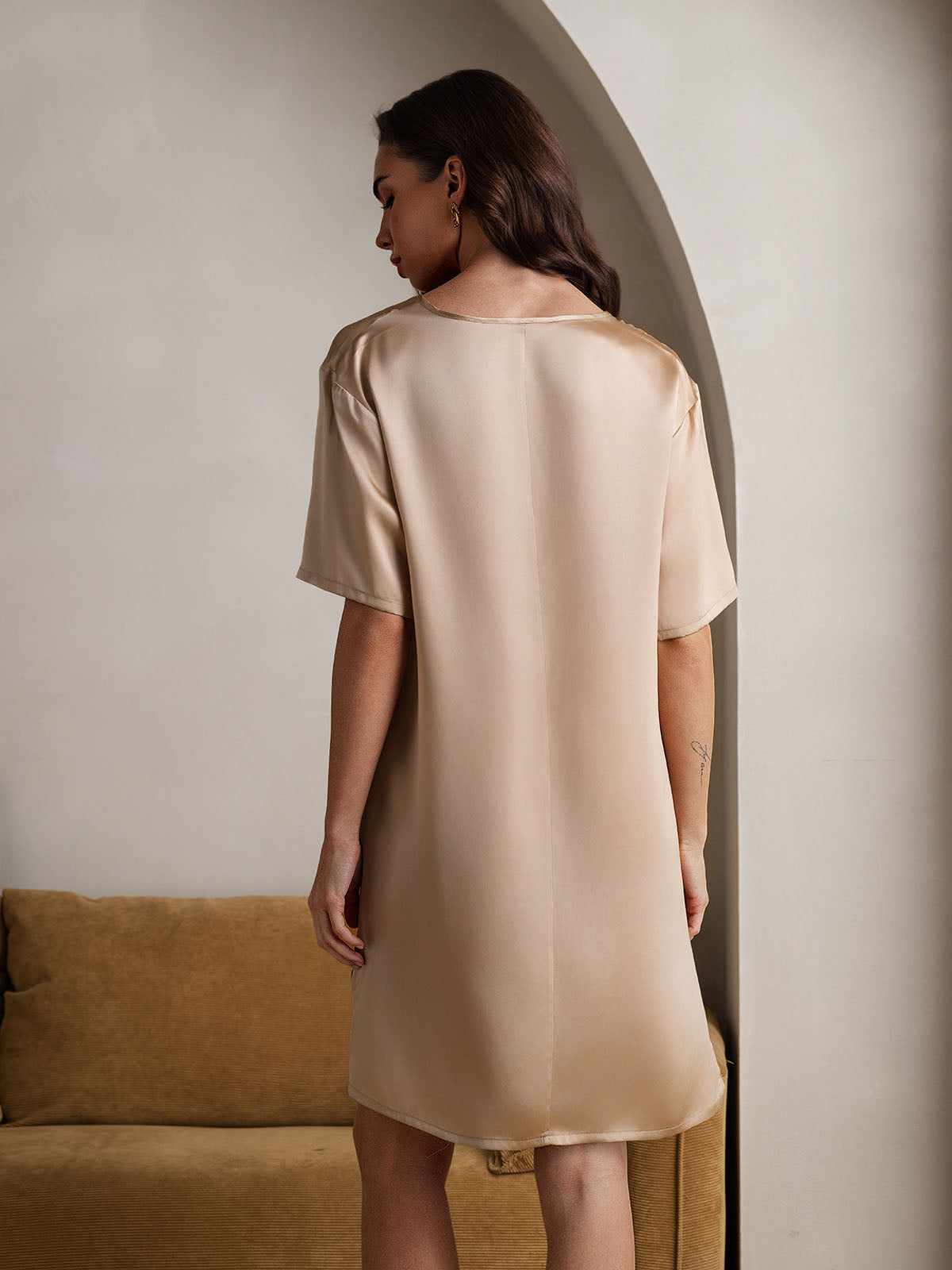 [Champagne] SilkSilky-IT Seta pura Collo a V Camicia da notte 002