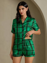 [Quadri Verdi] SilkSilky-IT Short Sleeve Notch Collar Pigiami da donna 004