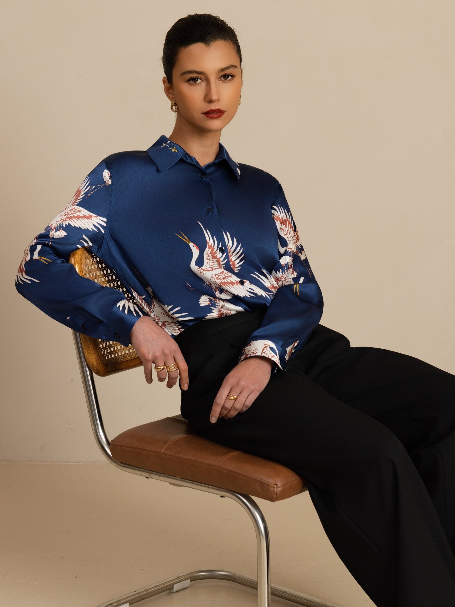 [Blu Scuro] SilkSilky-IT 19Momme Manica lunga Colletto con Revers Camicie da donna 001