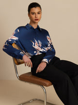 [Blu Scuro] SilkSilky-IT 19Momme Manica lunga Colletto con Revers Camicie da donna 005