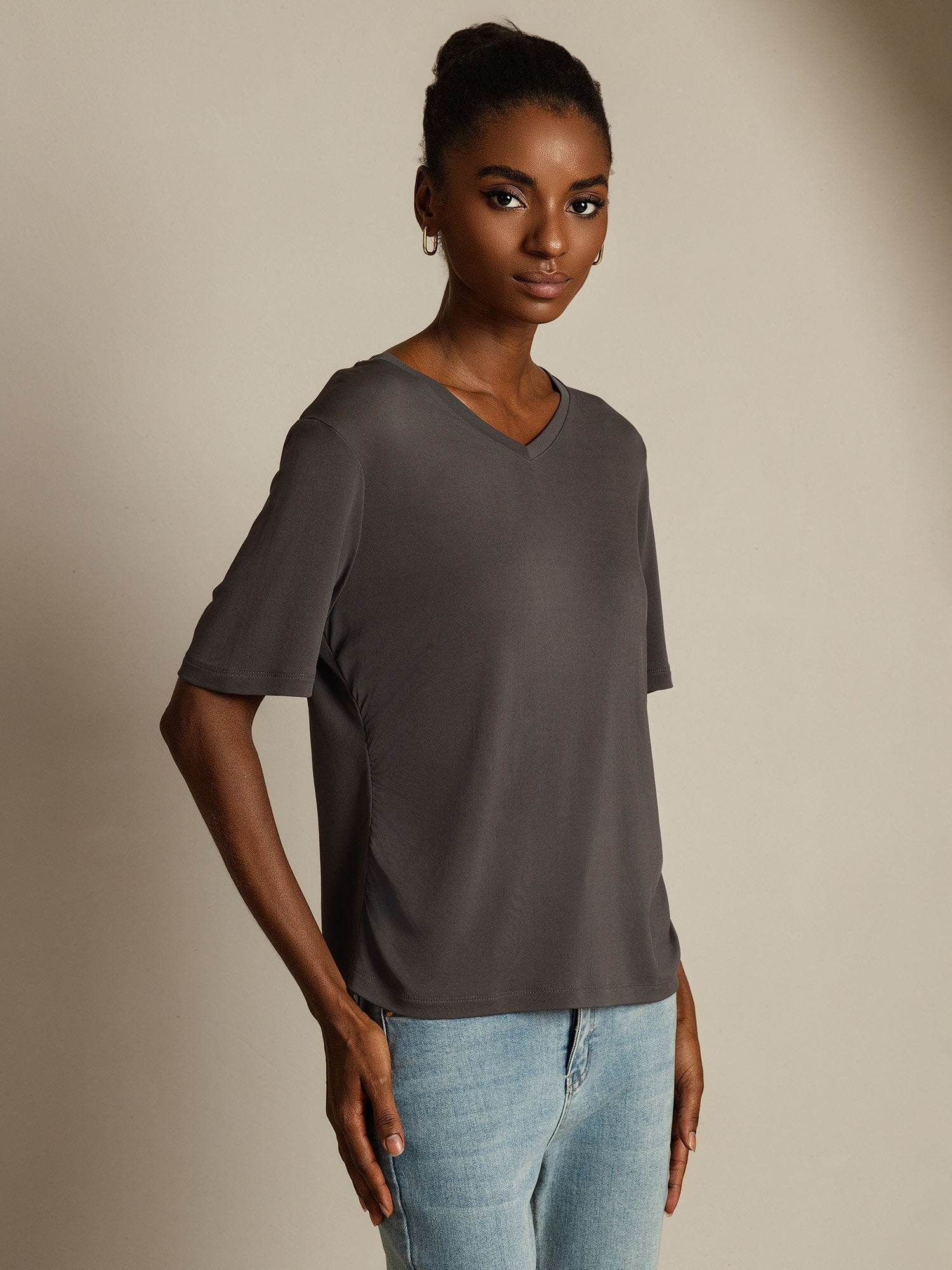 [Grigio] SilkSilky-IT Seta pura Womens T-Shirt 001,