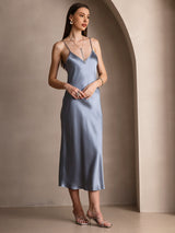[Blu Grigiastro] SilkSilky-IT Sleeveless V Neck Vestiti da donna 004