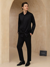 [Nero] SilkSilky-IT 19Momme Manica lunga Colletto con Revers Camicia da uomo 007