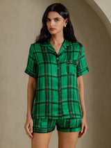 [Quadri Verdi] SilkSilky-IT Short Sleeve Notch Collar Pigiami da donna 001