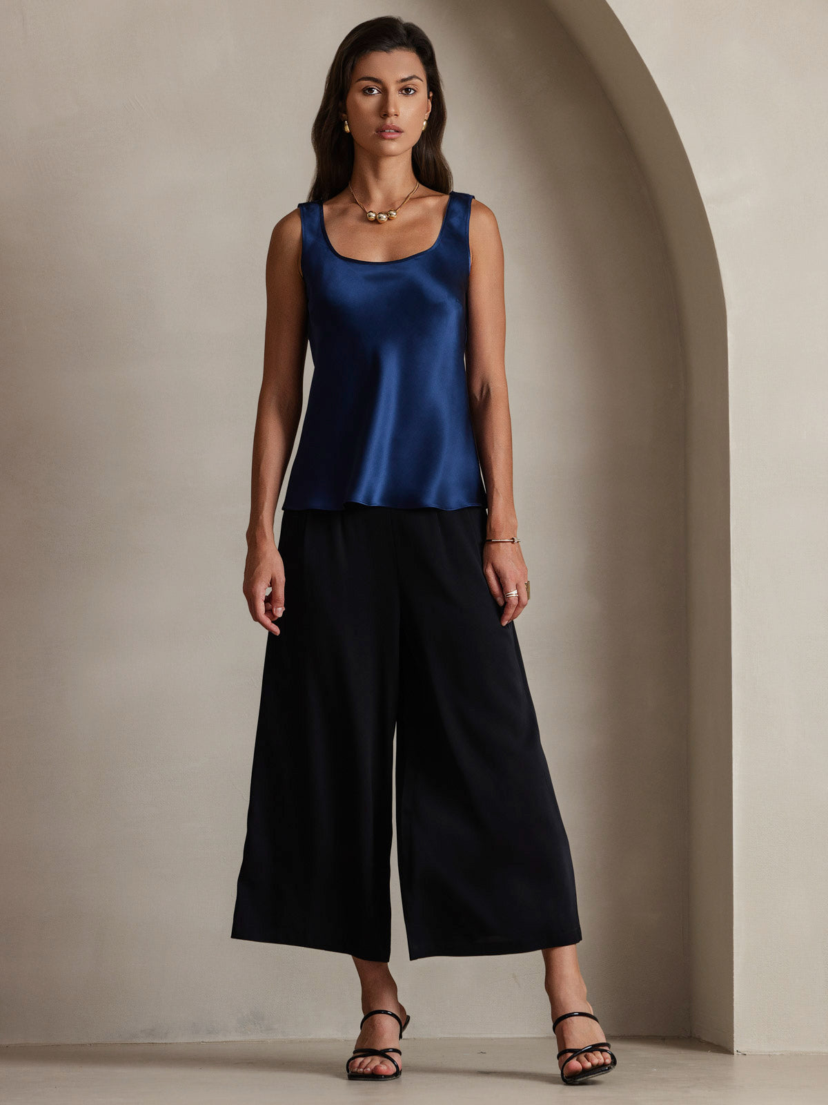 [Blu Scuro] SilkSilky-IT 19Momme Seta Collo a U Cami 001