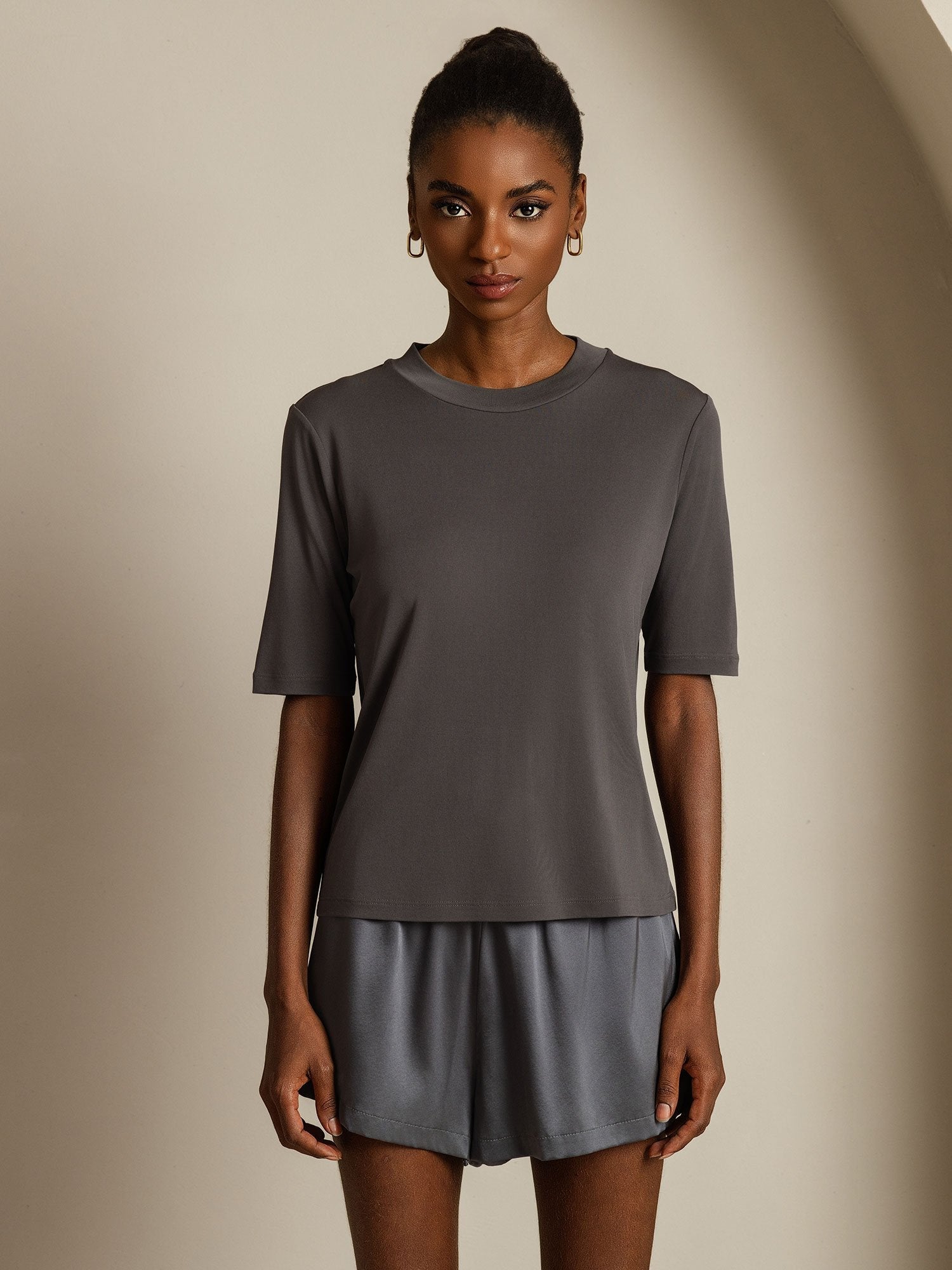 [Grigio] SilkSilky-IT Seta pura Womens T-Shirt 003