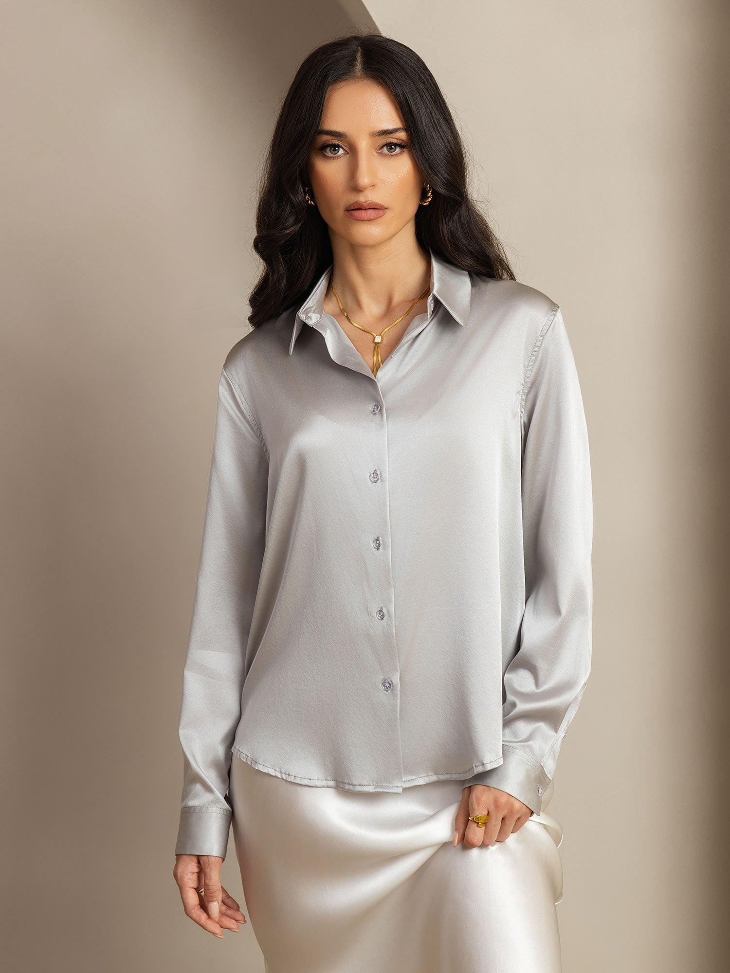 [Grigio Chiaro] SilkSilky-IT Seta Manica lunga Colletto risvolto Camicie da donna 001
