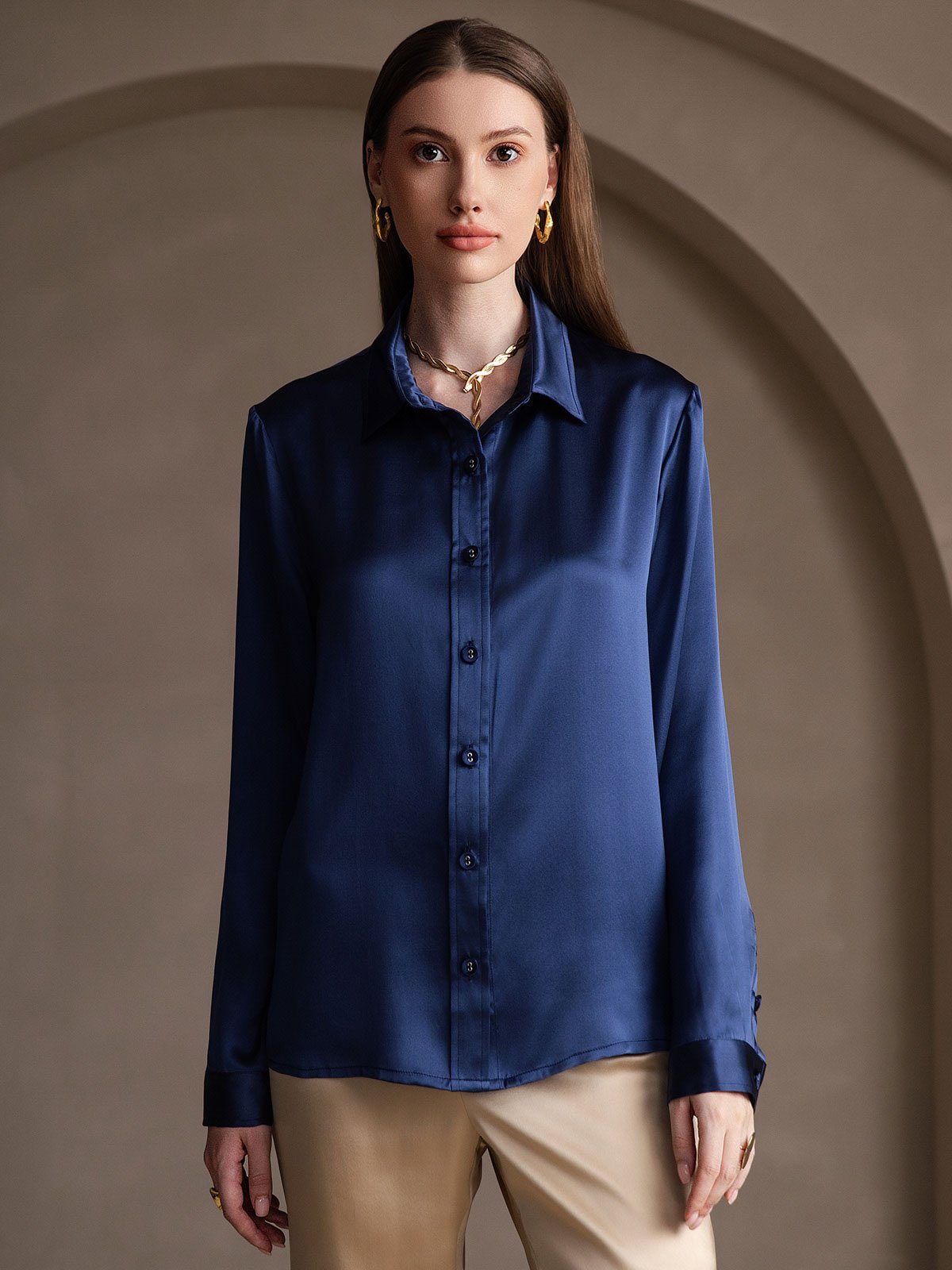 SilkSilky-IT 19Momme Seta Manica lunga Colletto risvolto Camicie da donna BluScuro 001