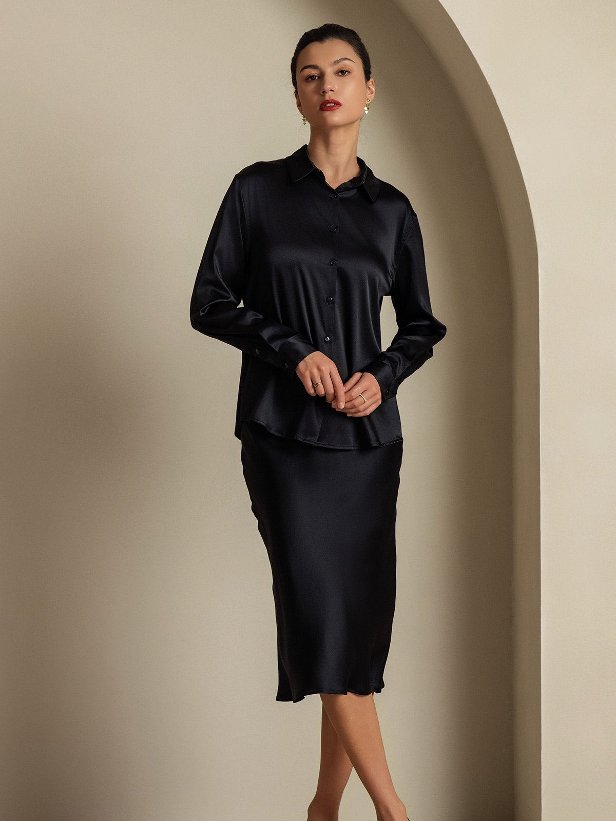 [Nero] SilkSilky-IT 19Momme Seta Colletto risvolto Women''s Outfit Sets 007,