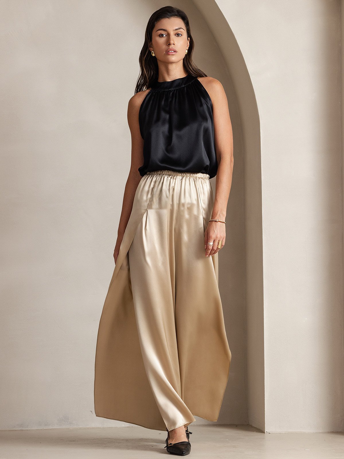 [Nero] SilkSilky-IT 19Momme Seta Senza maniche Womens T-Shirt 003