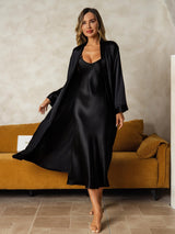 [Nero] SilkSilky-IT Manica lunga Scollo a V Set camicia e vestaglia 001