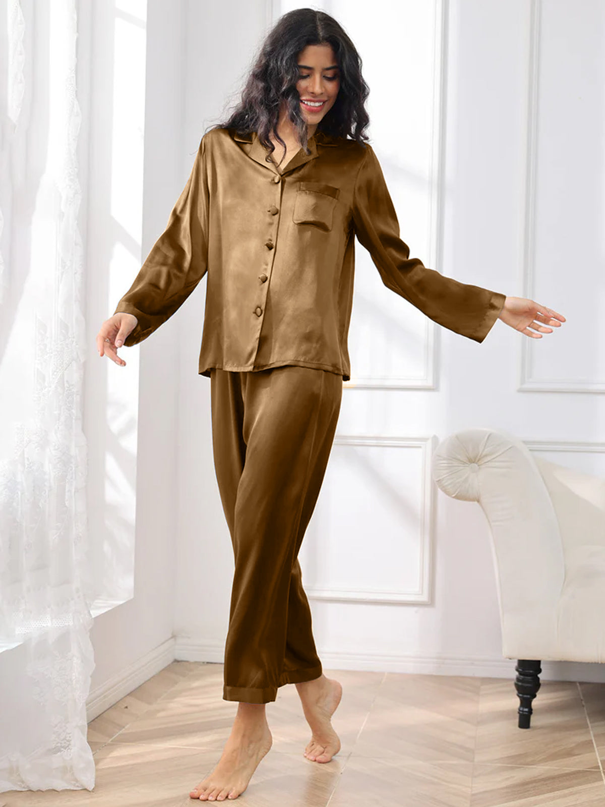 [Marrone] SilkSilky-IT Seta pura Womens Pajamas 003,