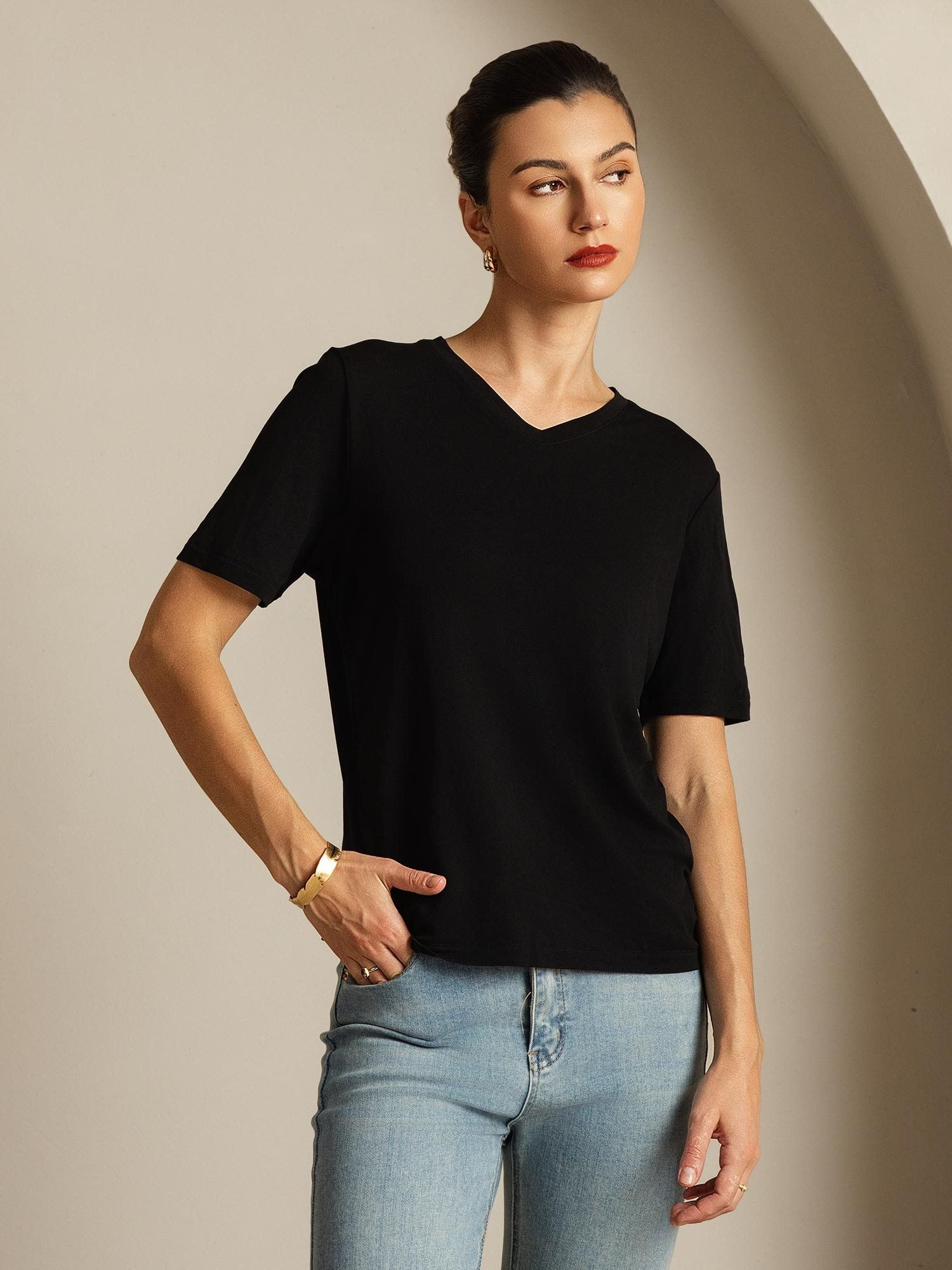 [Nero] SilkSilky-IT Seta pura Womens T-Shirt 007,