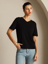 [Nero] SilkSilky-IT Maniche Corte Scollo a V Magliette donna 007