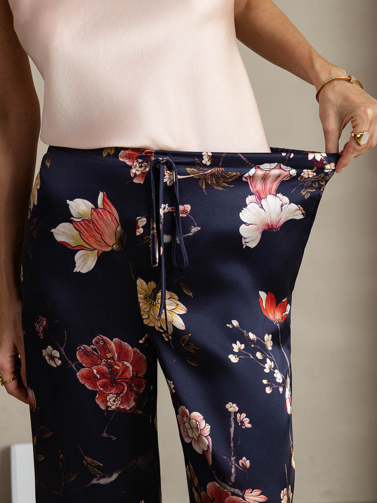 [Floreale Blu Navy] SilkSilky-IT 19Momme Seta Womens Pants 004