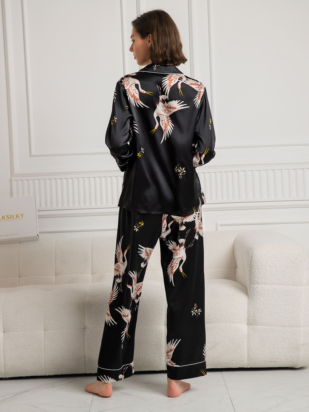 [Nero] SilkSilky-IT 19Momme Seta pura Manica lunga Collo risvolto dentellato Pigiami da donna 002
