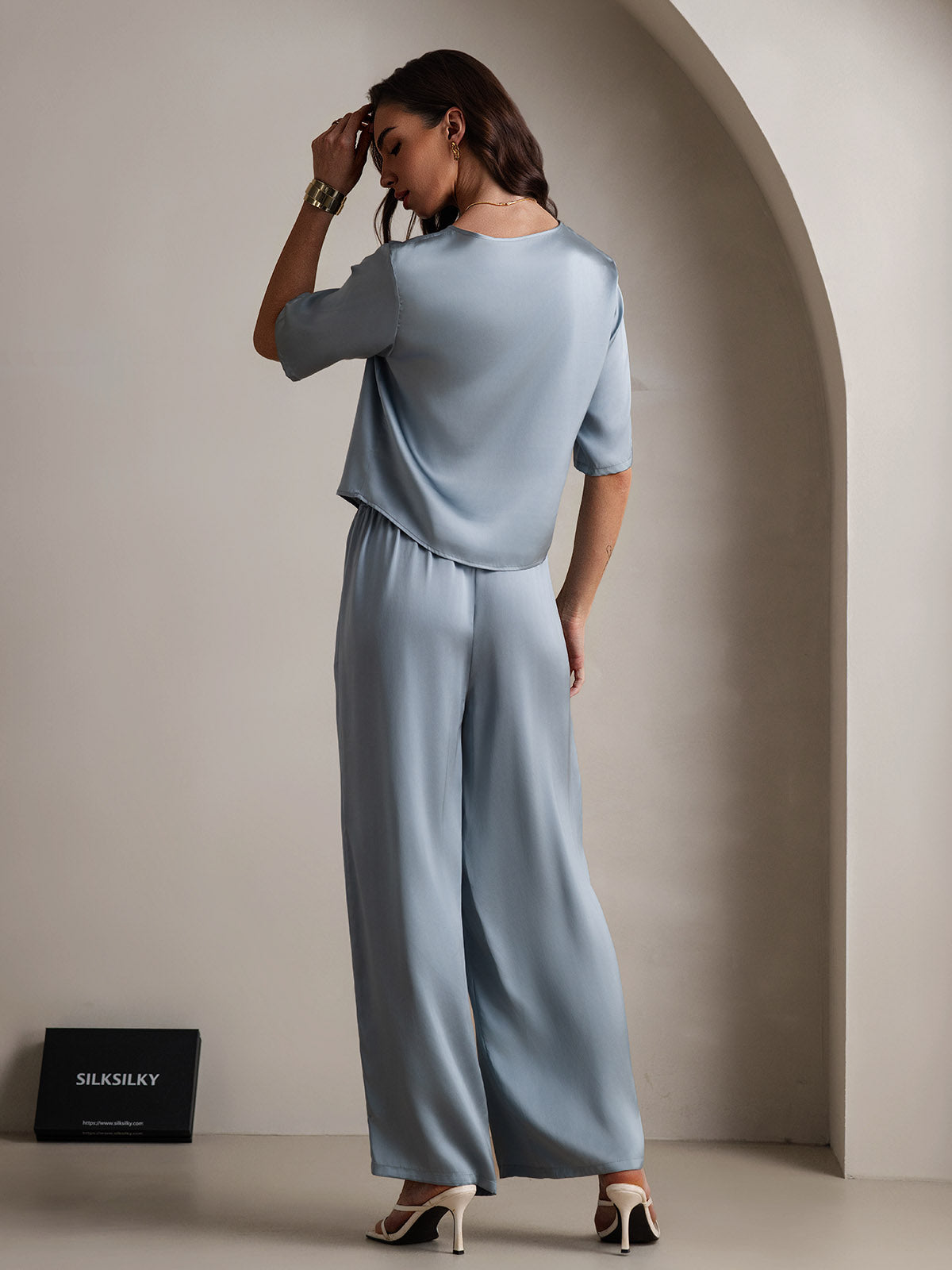 [Blu Grigiastro] SilkSilky-IT Seta pura Womens Pajamas 002