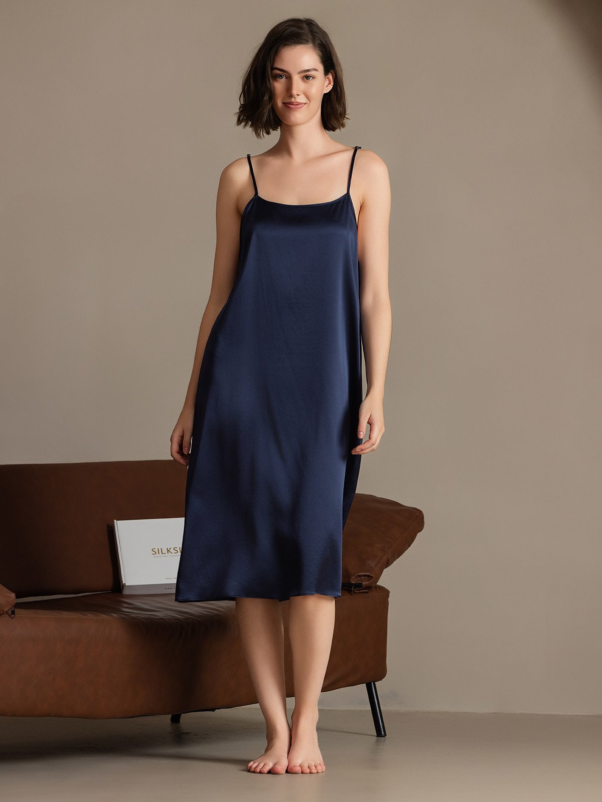 [Blu Scuro] SilkSilky-IT 19Momme Seta Senza maniche Dress 005