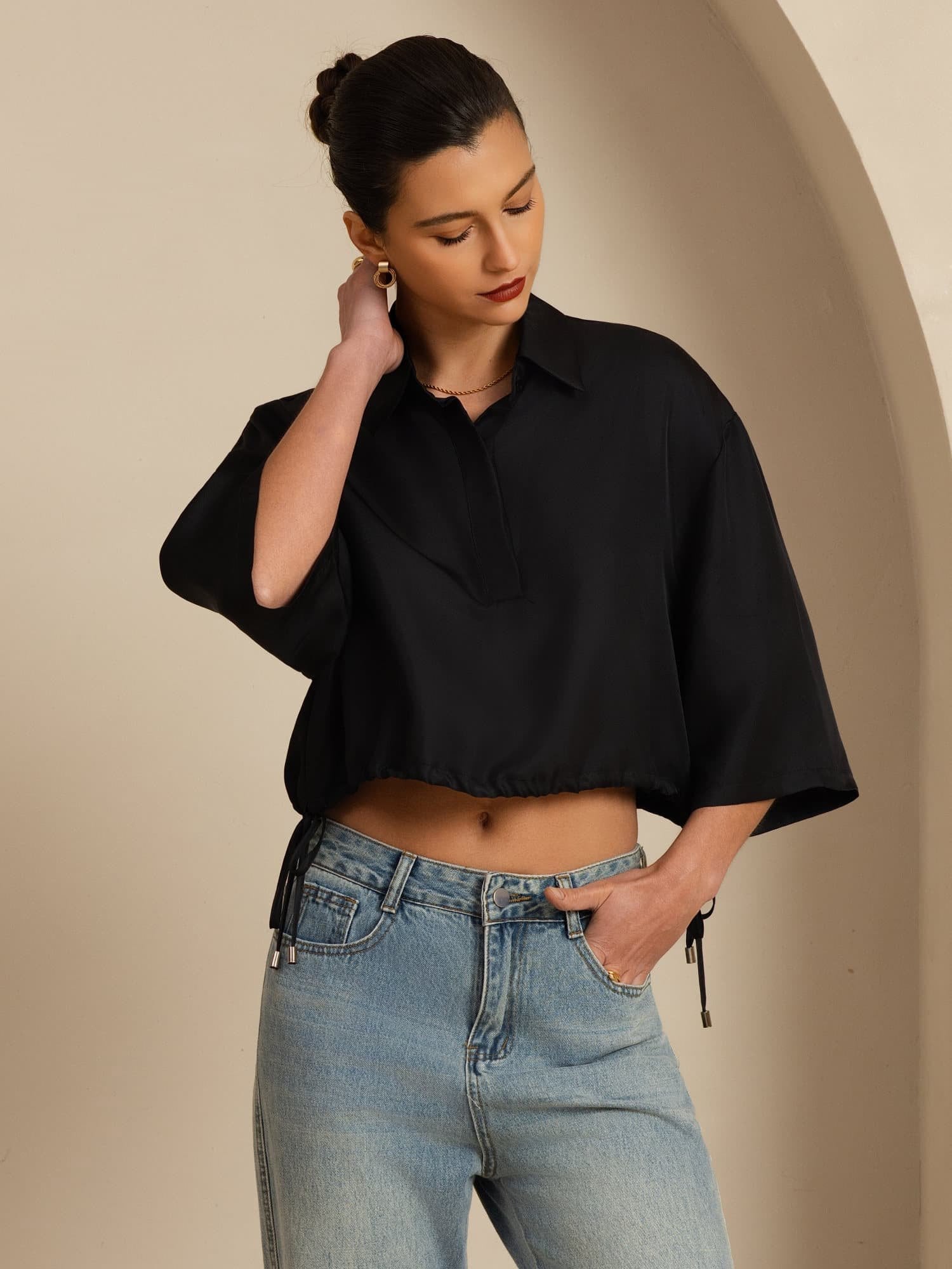 [Nero] SilkSilky-IT 18Momme Manga media Colletto con Revers Camicette 005