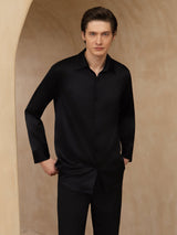 [Nero] SilkSilky-IT 19Momme Manica lunga Colletto con Revers Camicia da uomo 003
