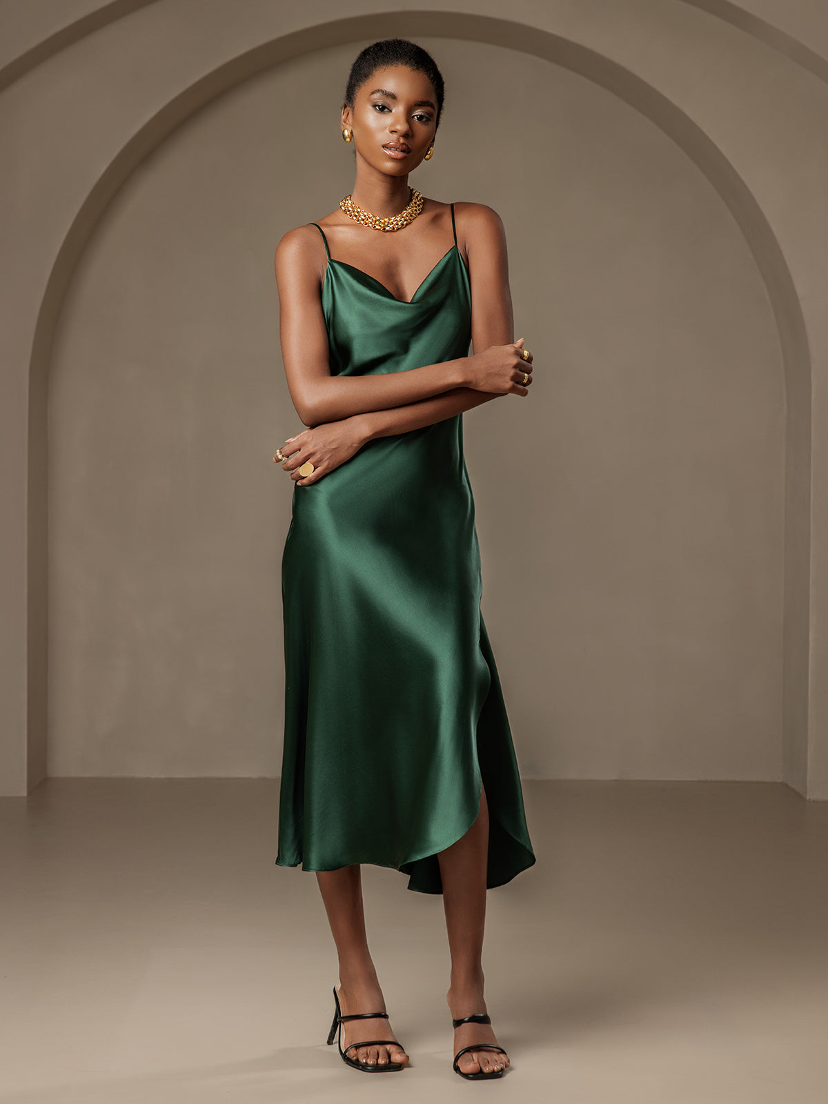 [Verde Scuro] SilkSilky-IT 19Momme Seta pura Collo drappeggiato Vestiti da donna 005