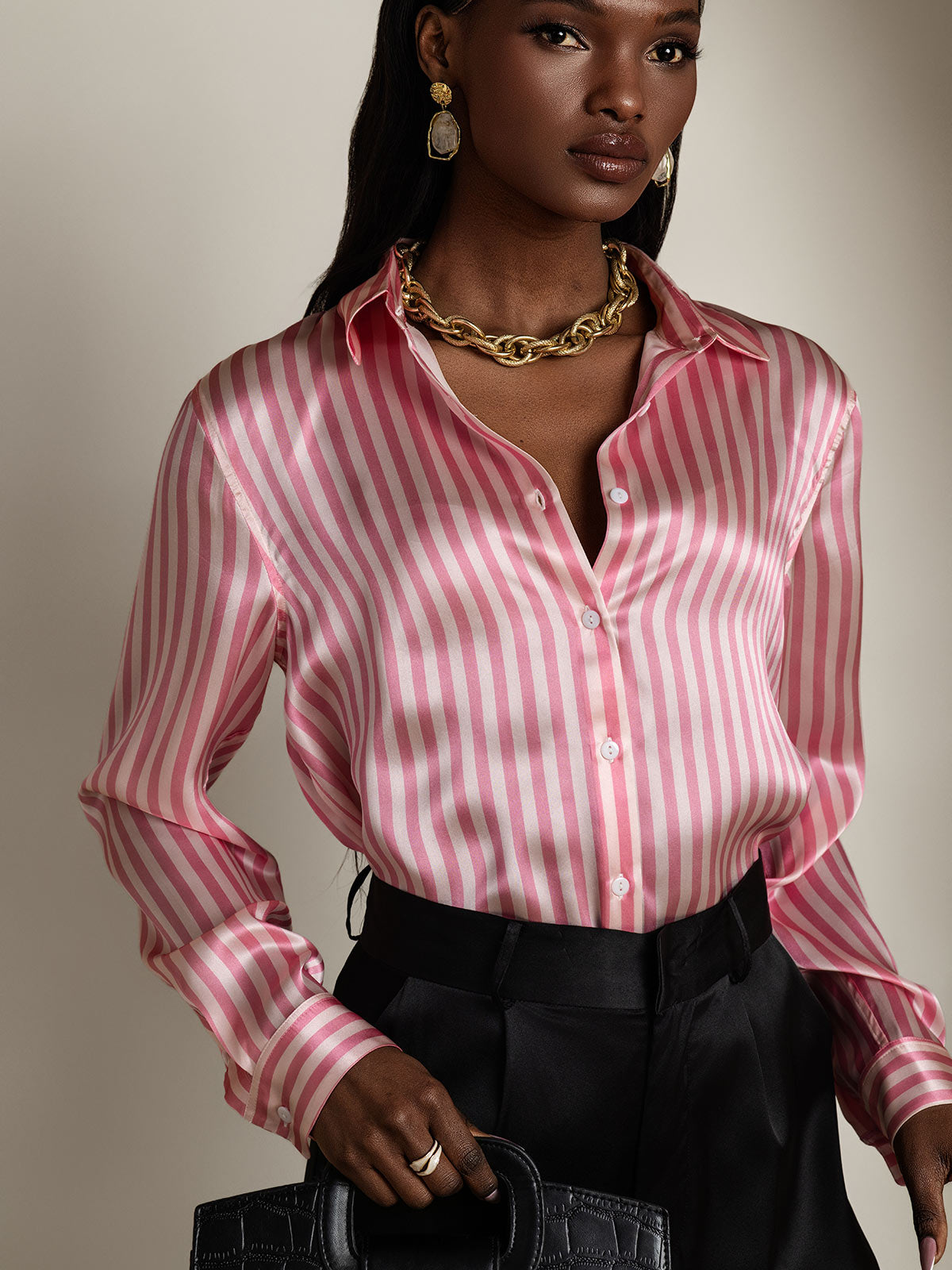 [Rosa] SilkSilky-IT Seta Colletto risvolto Camicie da donna 001