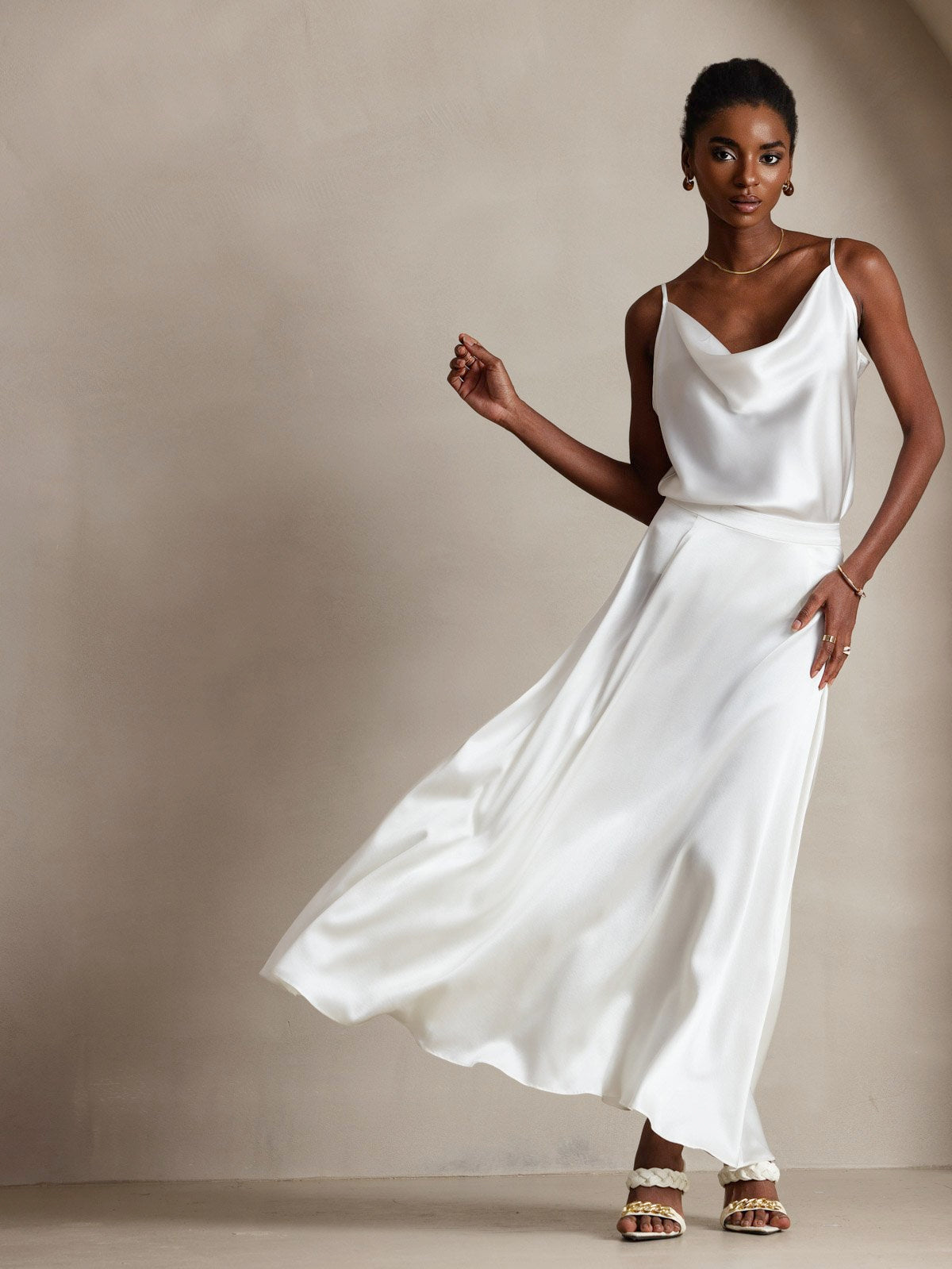 [Bianco] SilkSilky-IT 19Momme Tirantes Finos Collo drappeggiato Cami 006