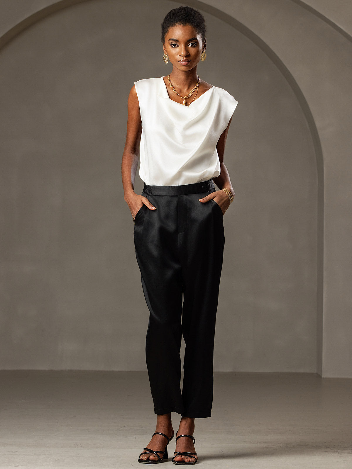 [Bianco] SilkSilky-IT 19Momme Seta Collo drappeggiato Magliette donna 006
