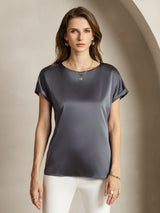 [Grigio Scuro] SilkSilky-IT 19Momme Maniche Corte Scollo barchetta Magliette donna 001