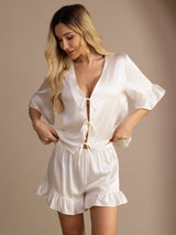 [Bianco] SilkSilky-IT Short Sleeve V Neck Pigiami da donna 003
