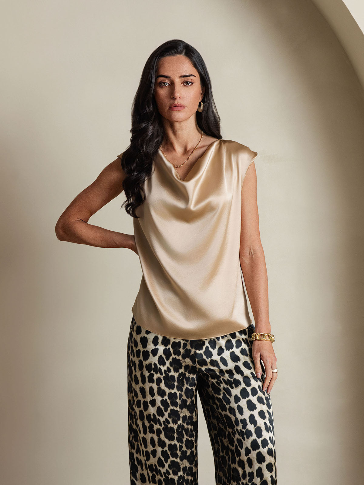 [Champagne] SilkSilky-IT 19Momme Seta Senza maniche Collo drappeggiato Magliette donna 003