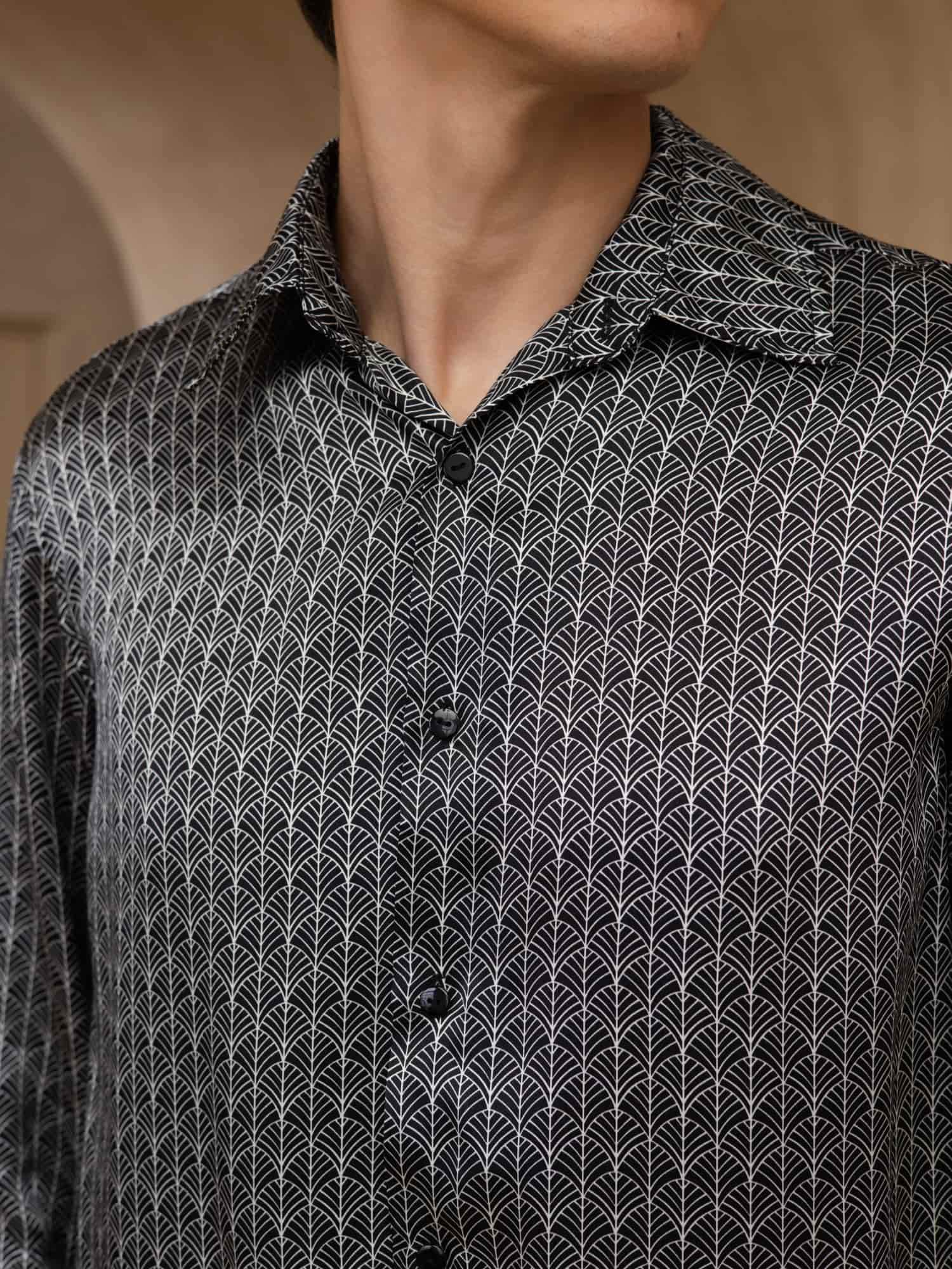 [Ginkgo Nero] SilkSilky-IT Manica lunga Colletto con Revers Camicia da uomo 006