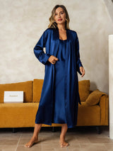 [Blu Scuro] SilkSilky-IT Manica lunga Scollo a V Set camicia e vestaglia 008